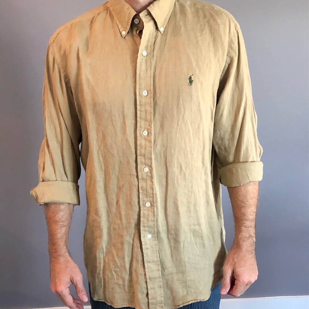 Men’s Polo Tan Linen Button Down Shirt